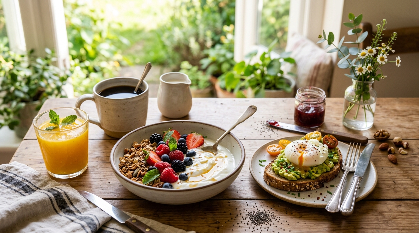 Egészséges reggeli természetes élelmiszerekkel